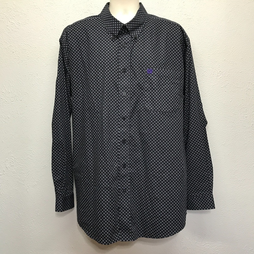 Cinch Shirt Mens XL Long Sleeve Black Purple Dot Medallion Button Down MTW110487